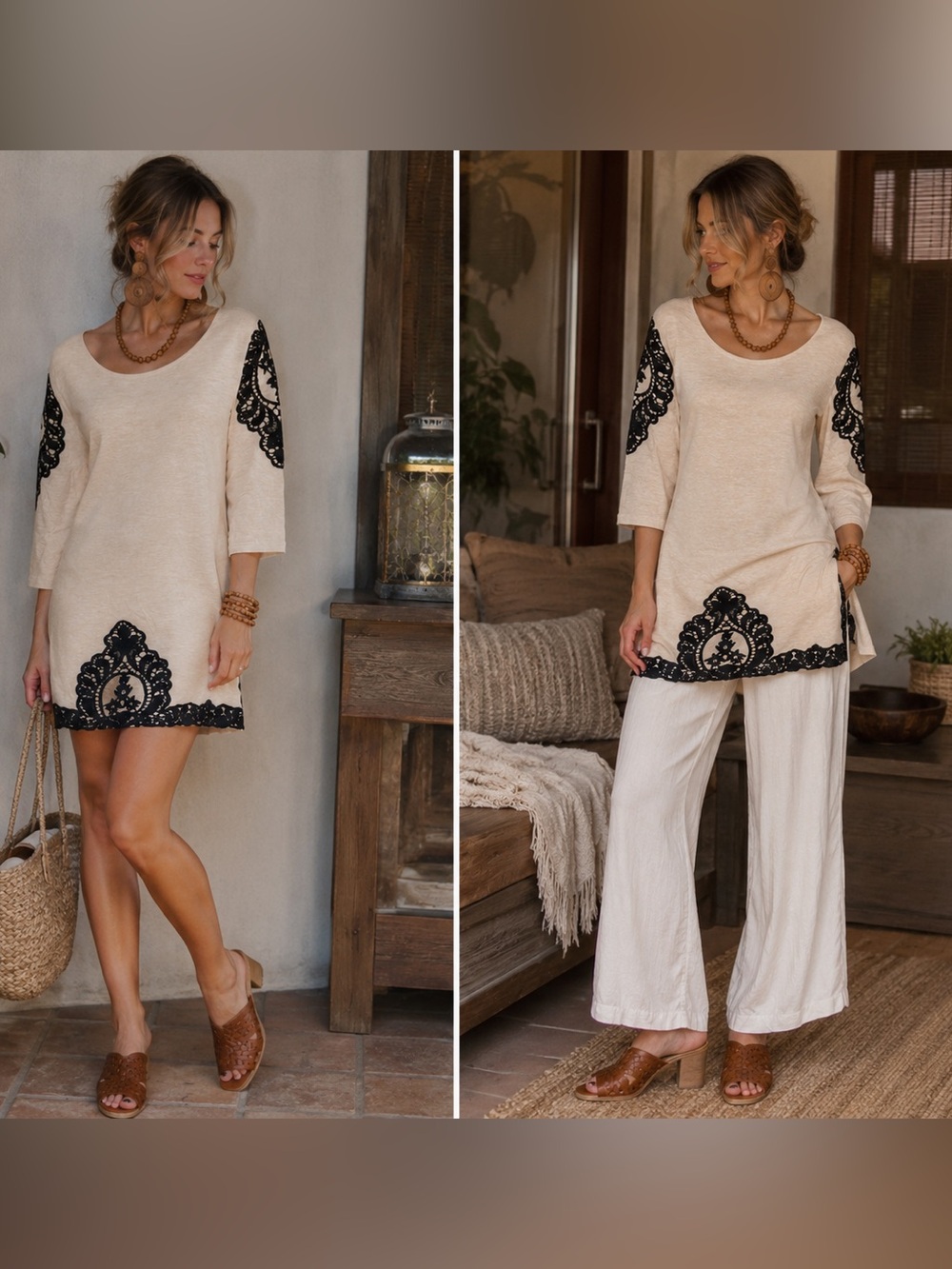 Elegant Cream and Black Embroidered Dress